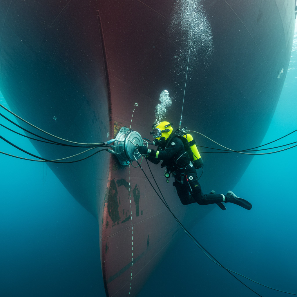 Commercial diving team conducting transducer maintenance in Scandinavia